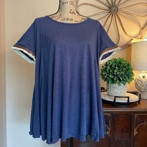 New Hayden LA Indigo Blue Oversized Embroidered Trim & Thread Sleeve Top